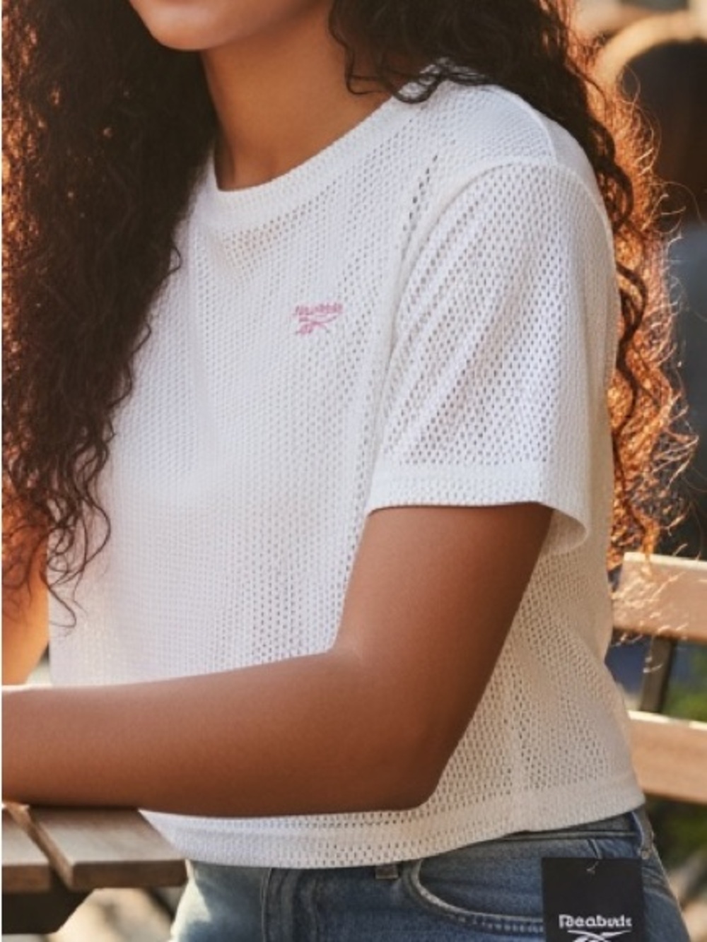 Reebok White Mesh Crop Tee with Subtle Pink Logo